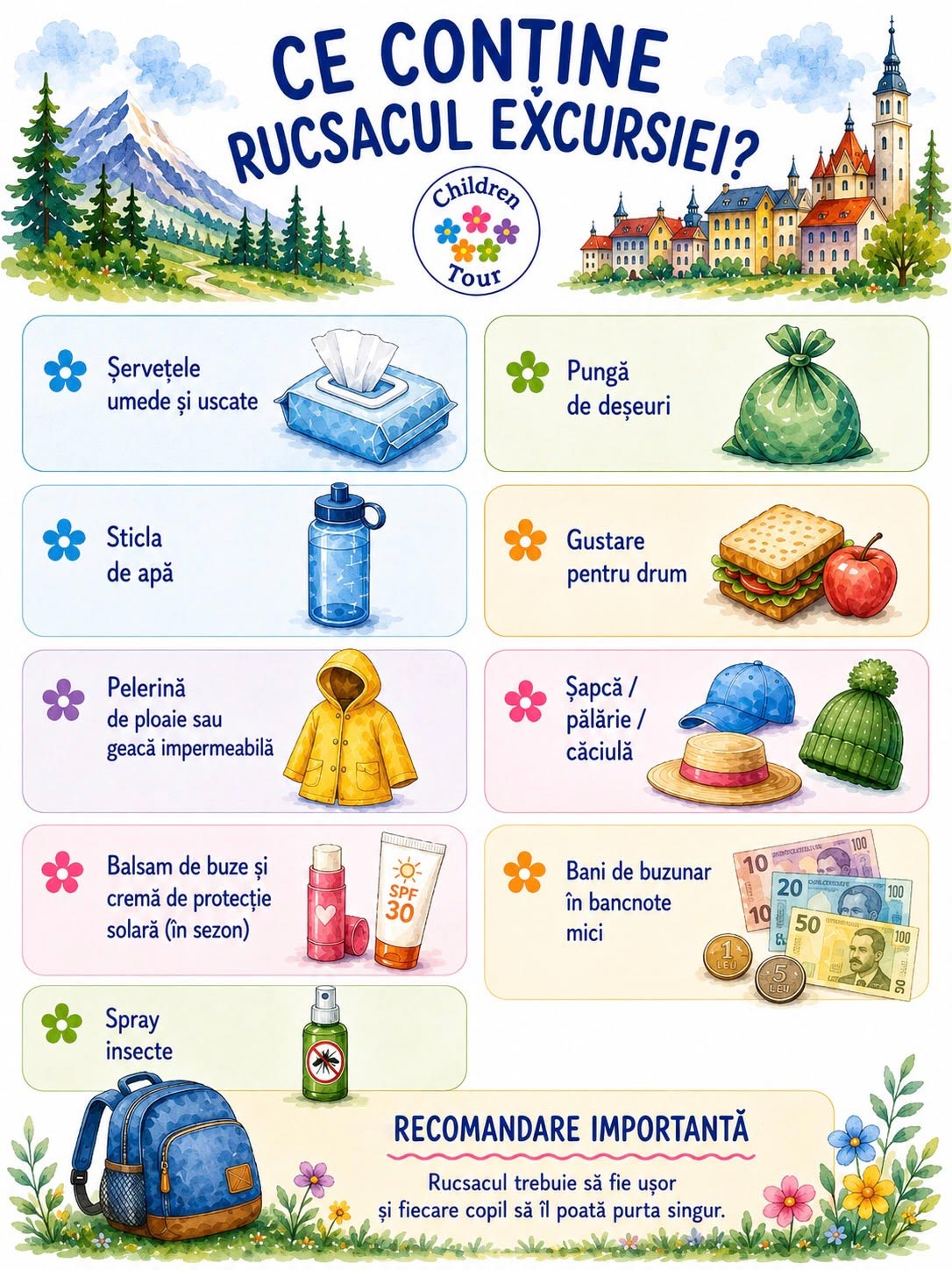 Ce contine rucsacul de excursie cu Children Tour